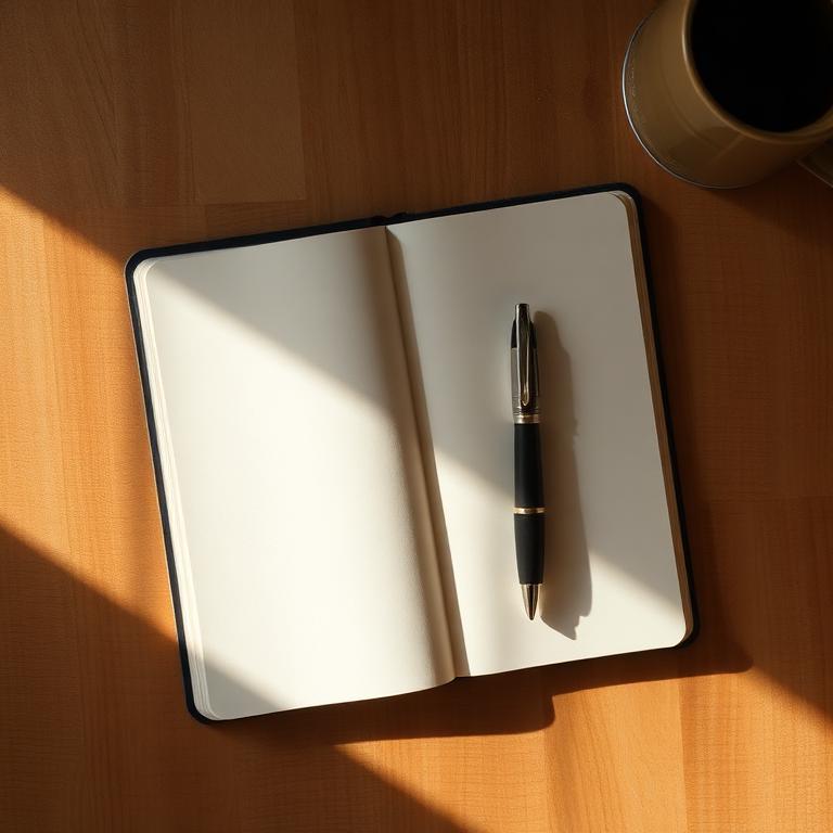 An open notebook and pen on a warm wooden desk